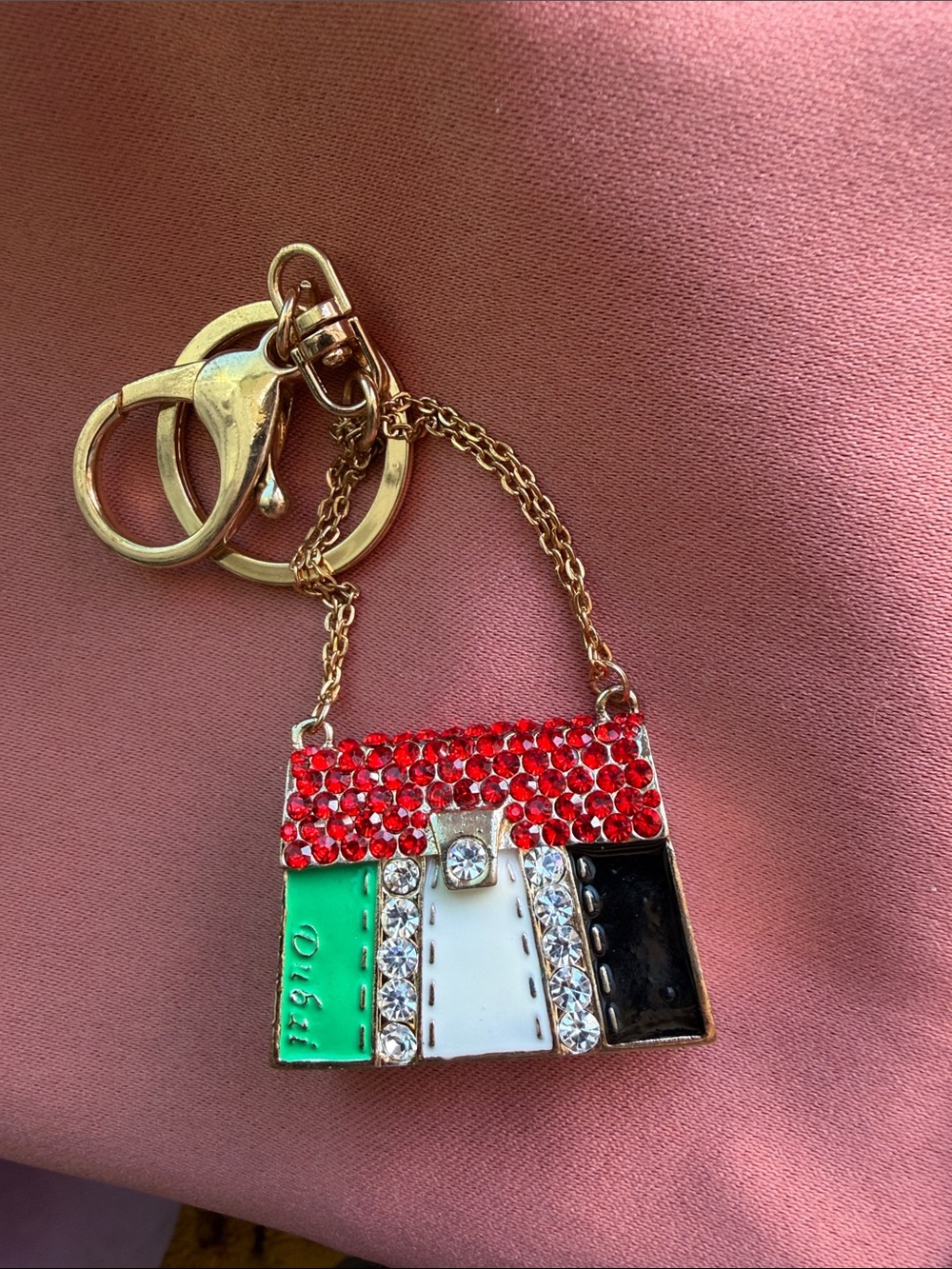 Gold-Tone Multicolor Crystal Handbag Keychain - Red, Green, White, Black
